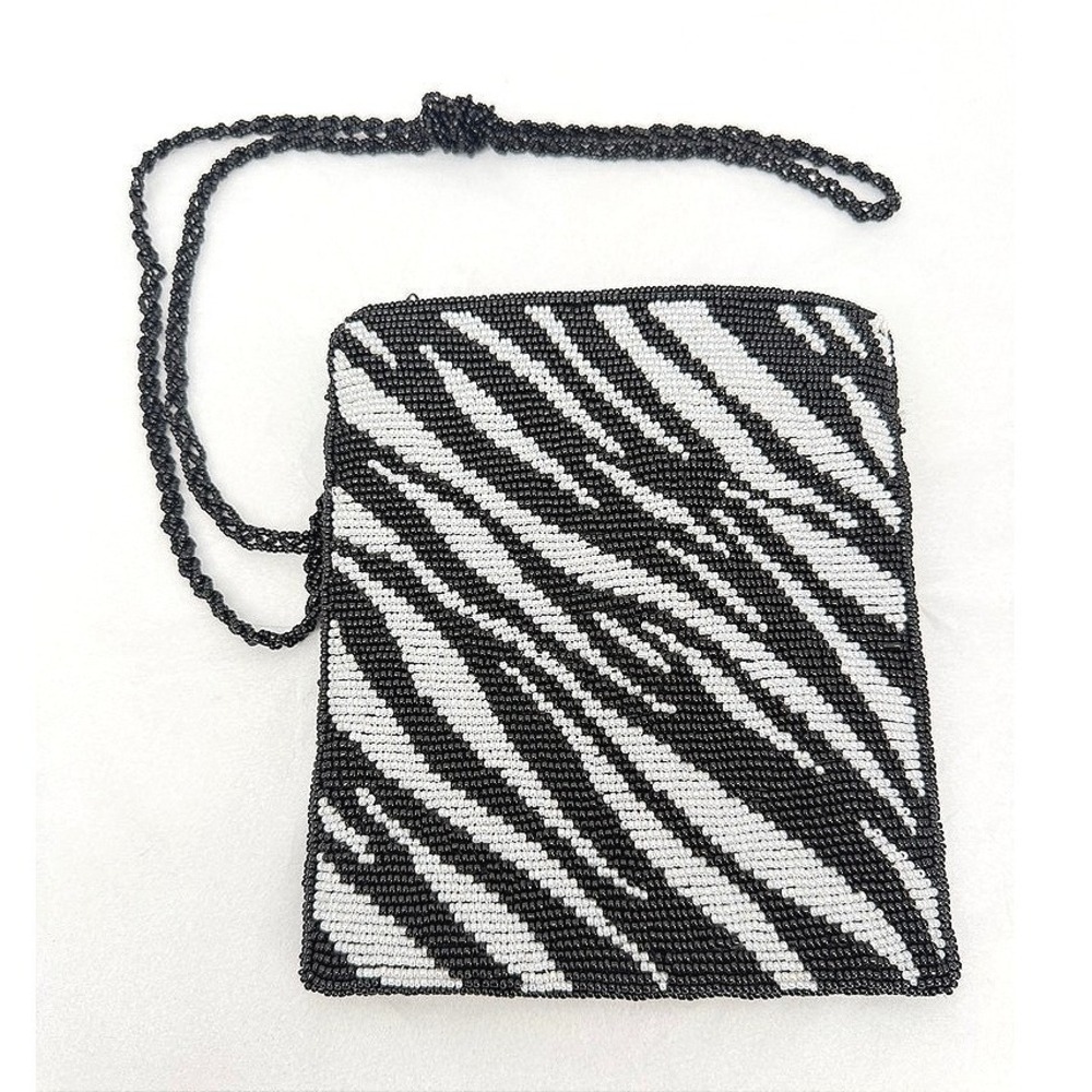 Beaded Zebra Print Crossbody Evening Cocktail Bag Black White Boho Festival SM